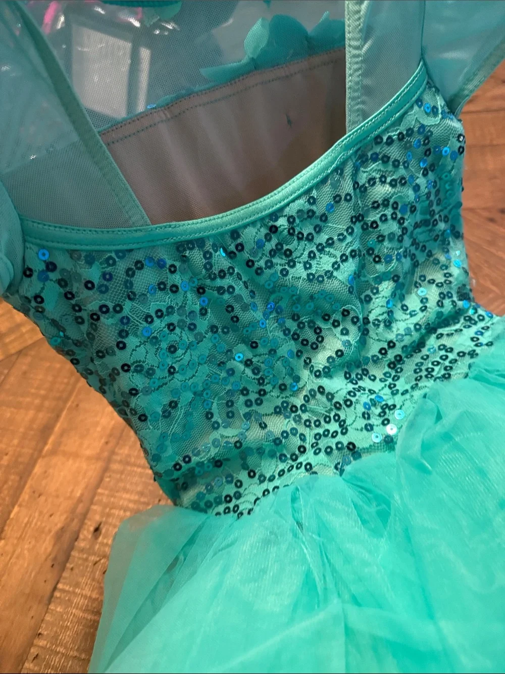 Weissman Teal Sequin Floral Tulle Dance Dress